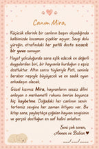 Mira'nın kitabının ilk sayfasındaki annesi ve babasından yazılmış hayvan sevgisi notu.
