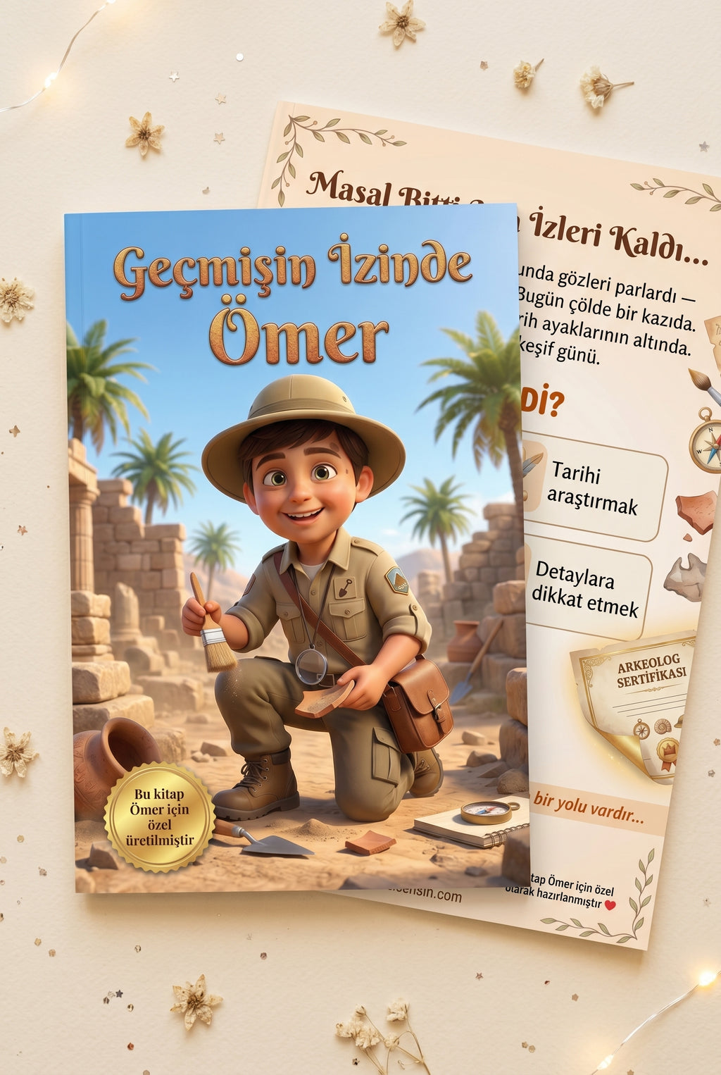 Geçmişin İzinde Ömer özel isimli çocuk kitabı ön ve arka kapağı birlikte sergilenimi