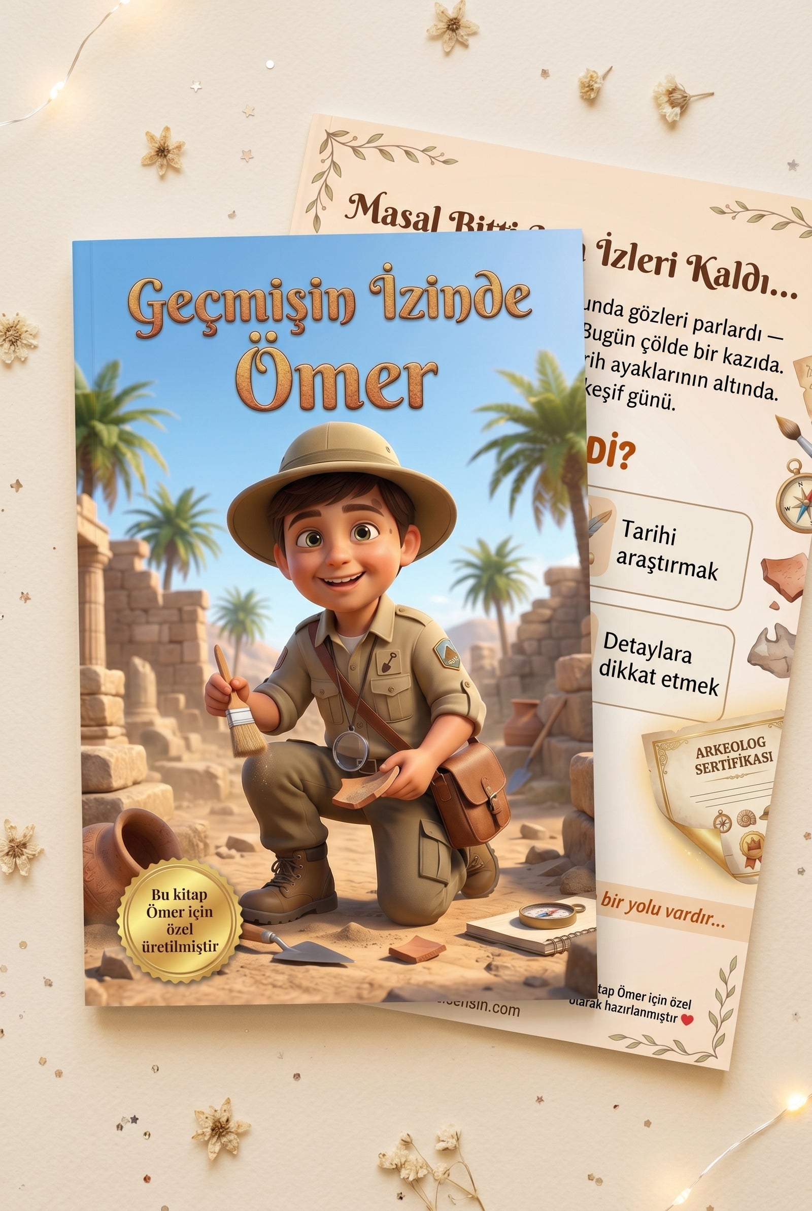 Geçmişin İzinde Ömer özel isimli çocuk kitabı ön ve arka kapağı birlikte sergilenimi
