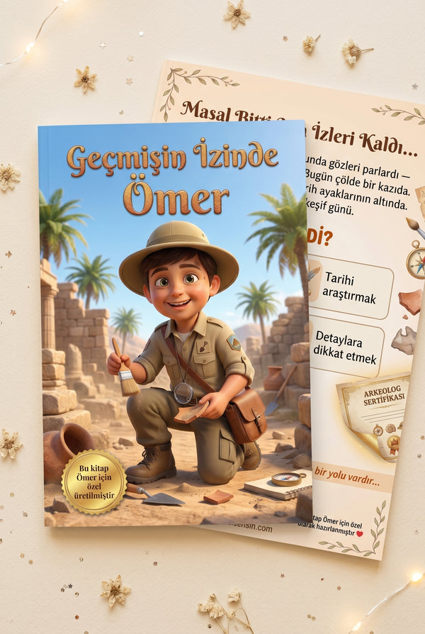 Geçmişin İzinde Ömer özel isimli çocuk kitabı ön ve arka kapağı birlikte sergilenimi