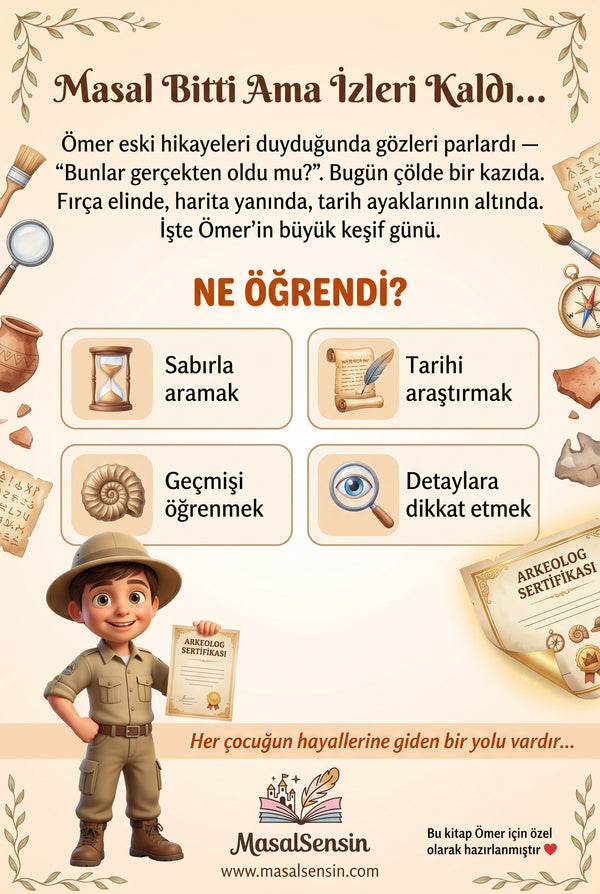 Ömer'in arkeoloji macerası arka kapağı — tarih sevgisi ve sabır kazandıran kişiselleştirilmiş hikaye
