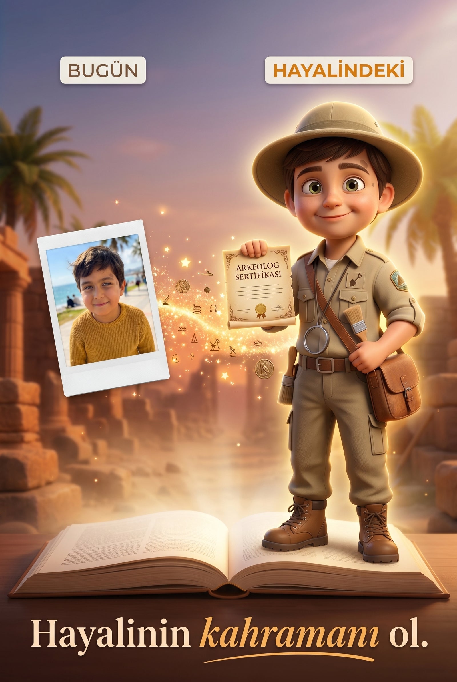 Çocuğun fotoğrafından 3D Pixar kalitesinde şapkalı küçük arkeolog karakterine dönüşüm aşaması