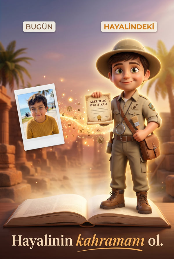 Çocuğun fotoğrafından 3D Pixar kalitesinde şapkalı küçük arkeolog karakterine dönüşüm aşaması