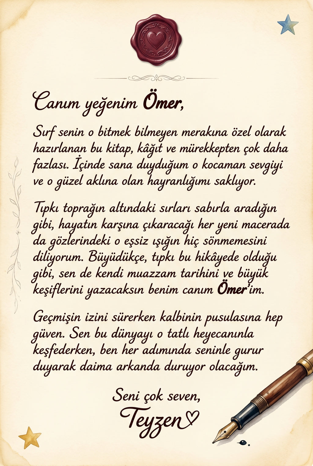 Kitabın ilk sayfasında yer alan çocuğa özel sevgi dolu doğum günü hediye notu alanı