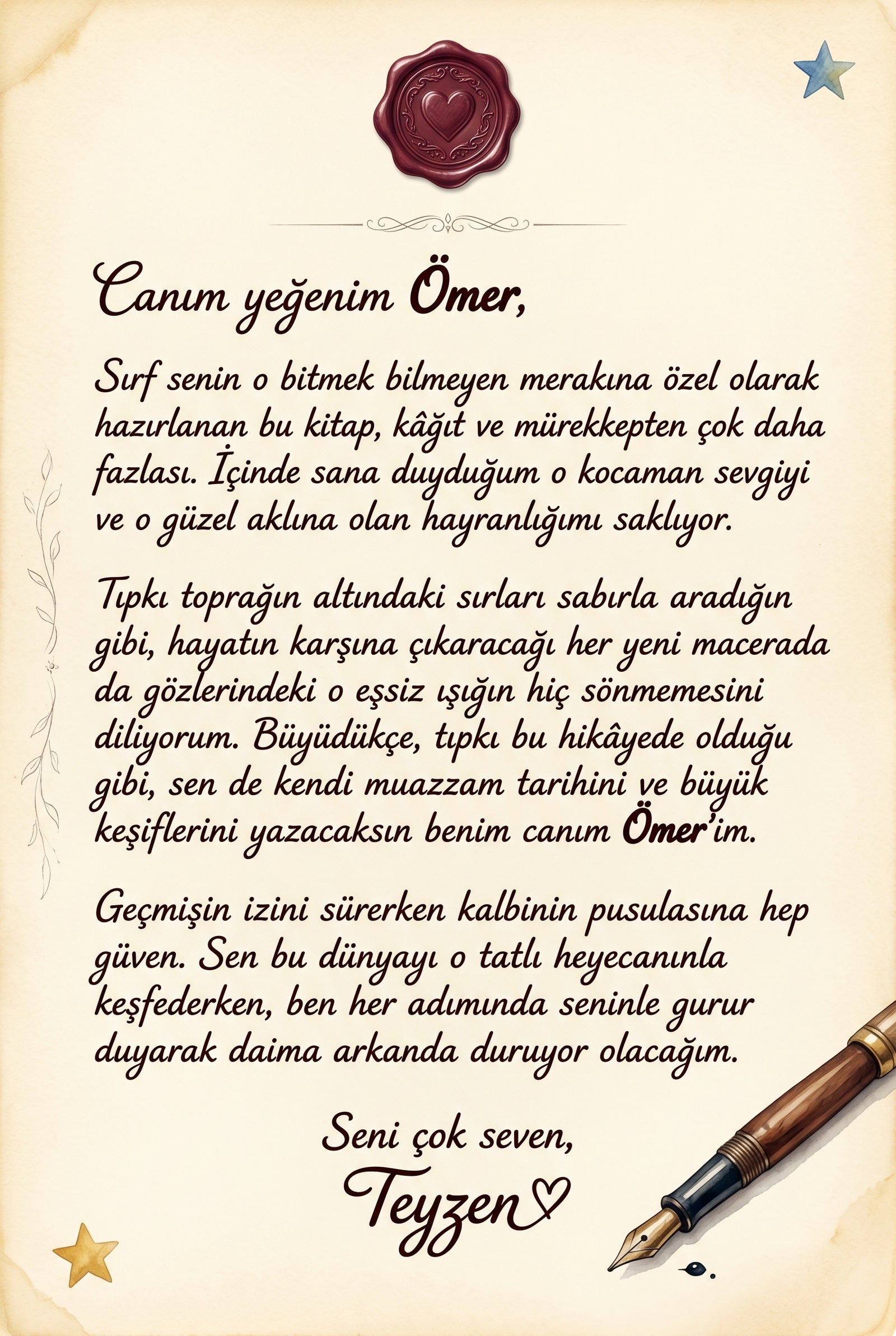 Kitabın ilk sayfasında yer alan çocuğa özel sevgi dolu doğum günü hediye notu alanı