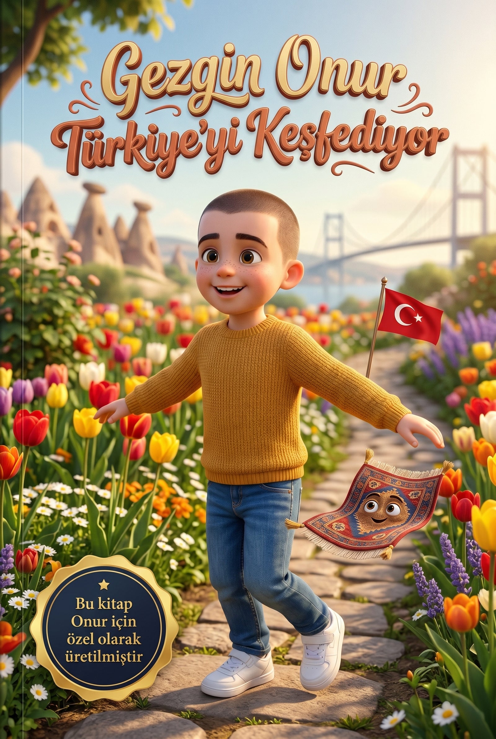 'Gezgin Onur Türkiye'yi Keşfediyor' kişiye özel çocuk kitabı ön kapağı, Kapadokya'da balonlar arasında.