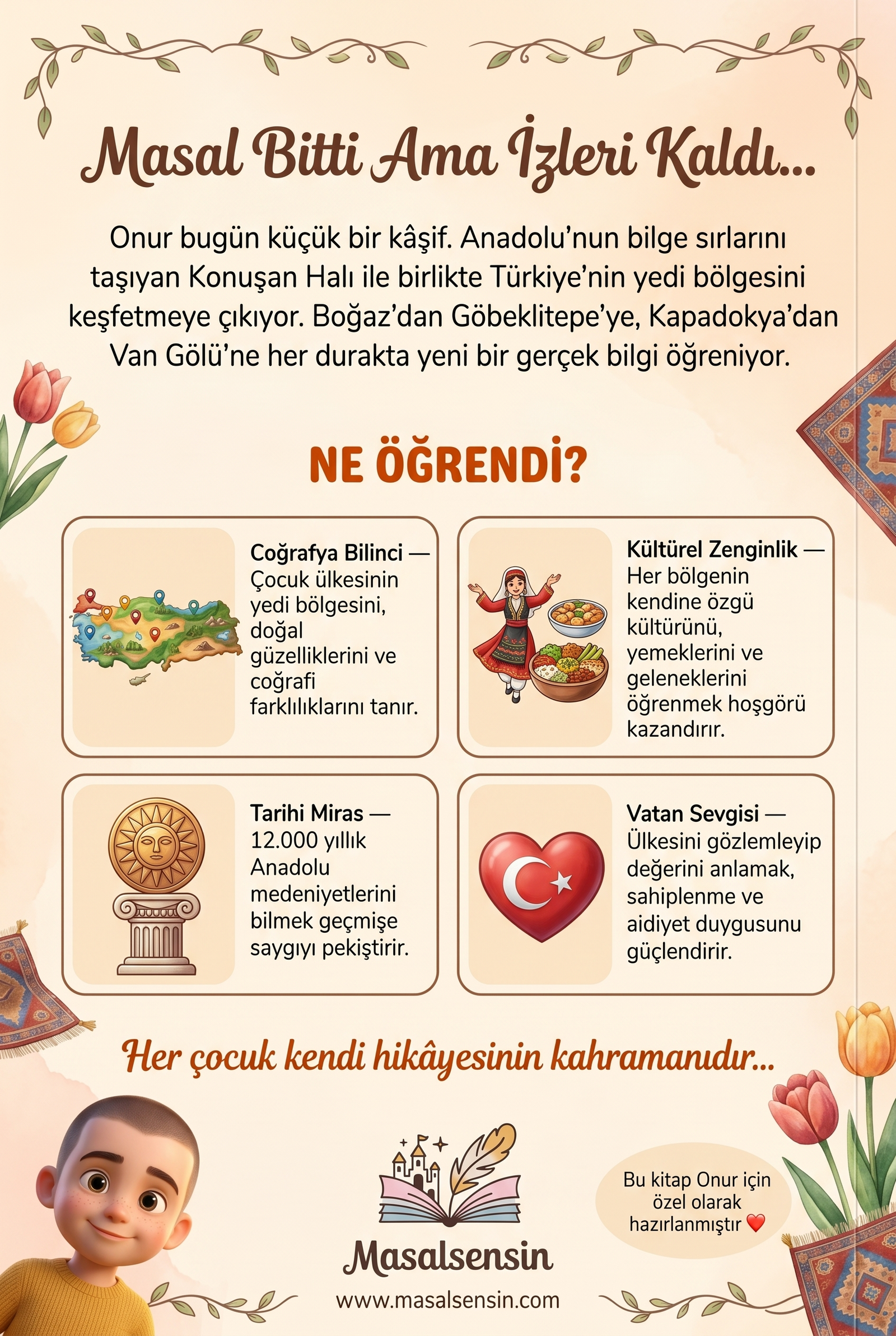 Onur isimli eğitici kitabın arka kapağı, coğrafya ve tarih kazanımlarını özetliyor.