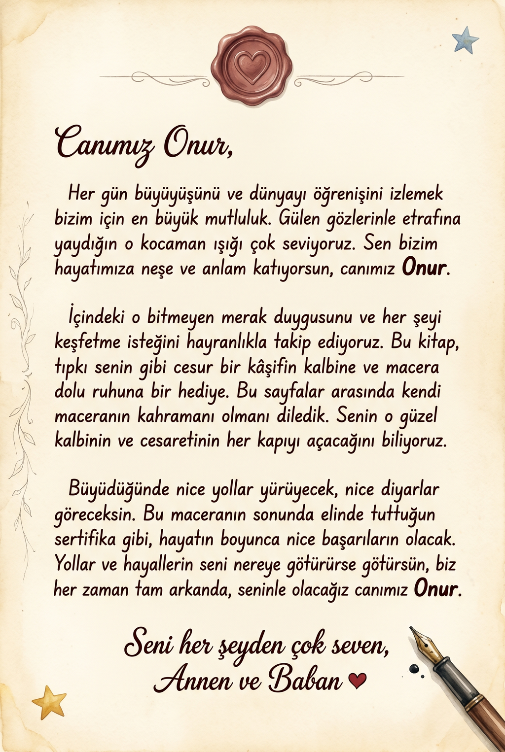 Onur'a özel hediye notu sayfası - 'Canım Oğlumuz Onur'a...' kişisel mesaj alanı.