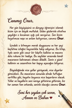 Onur'a özel hediye notu sayfası - 'Canım Oğlumuz Onur'a...' kişisel mesaj alanı.