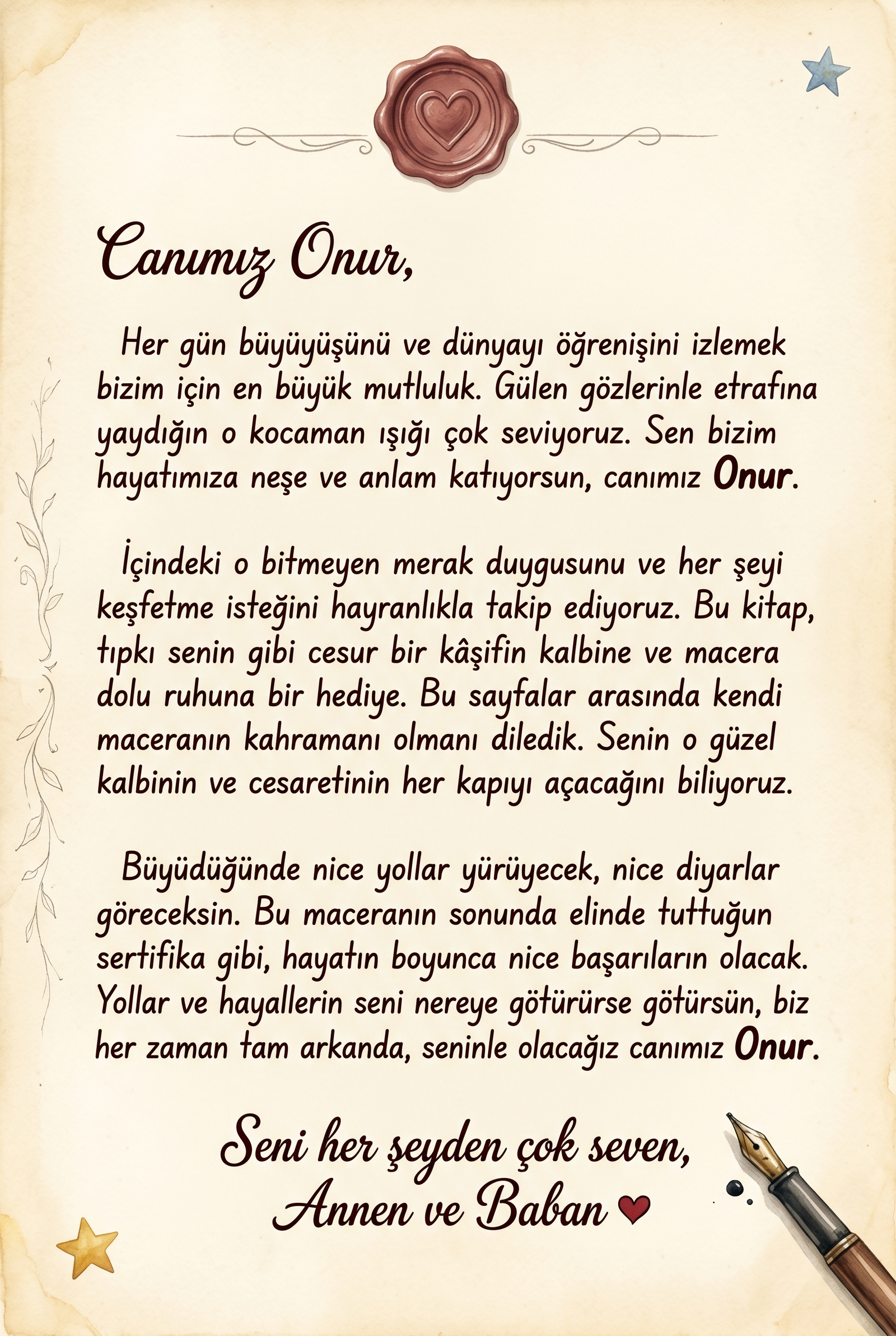 Onur'a özel hediye notu sayfası - 'Canım Oğlumuz Onur'a...' kişisel mesaj alanı.