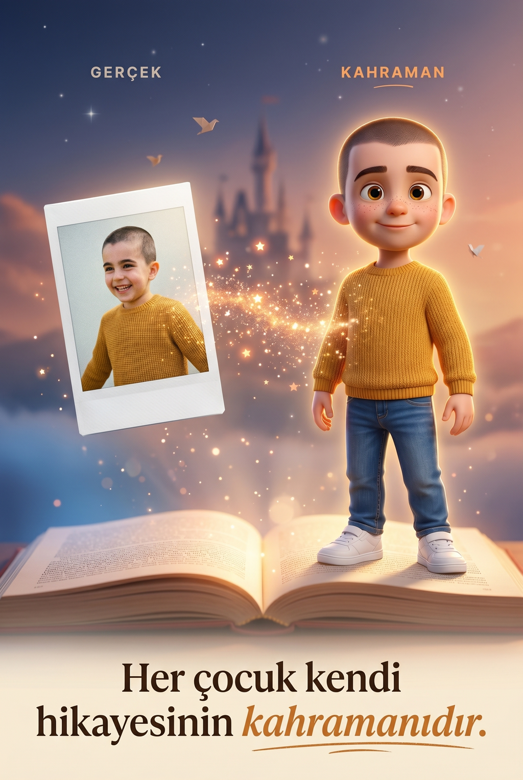 Onur'un fotoğrafının, kitabın resimli kahramanına nasıl dönüştüğünü gösteren karşılaştırma.