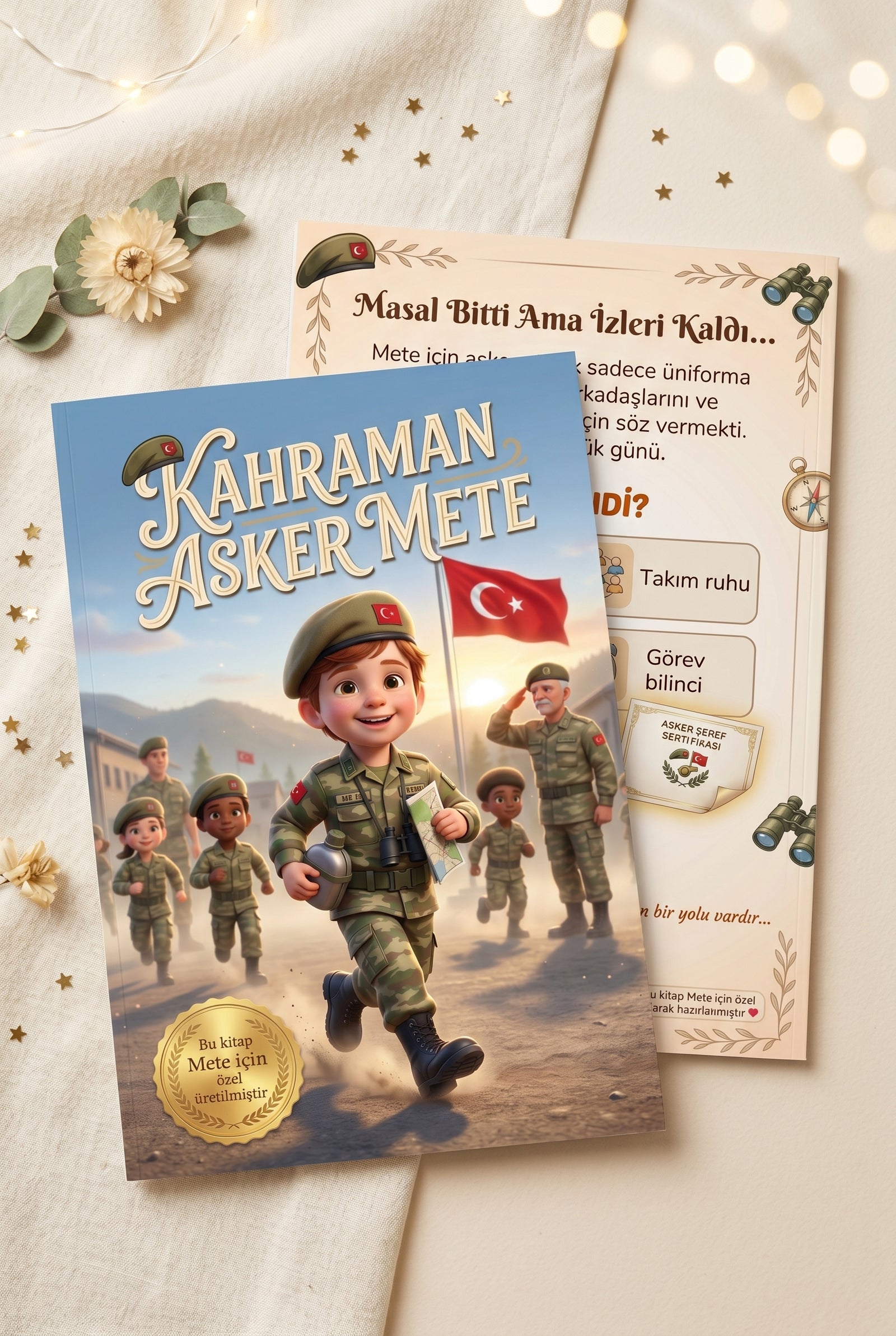 Kahraman Asker Mete kitabı ön ve arka kapak birlikte görünümü — dergi kalitesinde yumuşak kapaklı hediye formatı