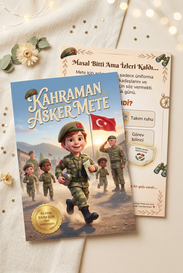 Kahraman Asker Mete kitabı ön ve arka kapak birlikte görünümü — dergi kalitesinde yumuşak kapaklı hediye formatı