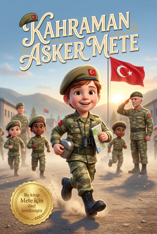 Kahraman Asker Mete isimli kişiye özel çocuk kitabı ön kapağı, ay-yıldızlı bere takan 3D Pixar çizimi