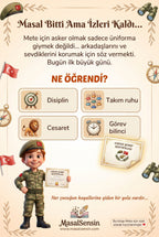 Mete'nin meslek hikayesi arka kapağı — çocuğa cesaret ve disiplin aşılayan yüksek çözünürlüklü özel mesaj alanı