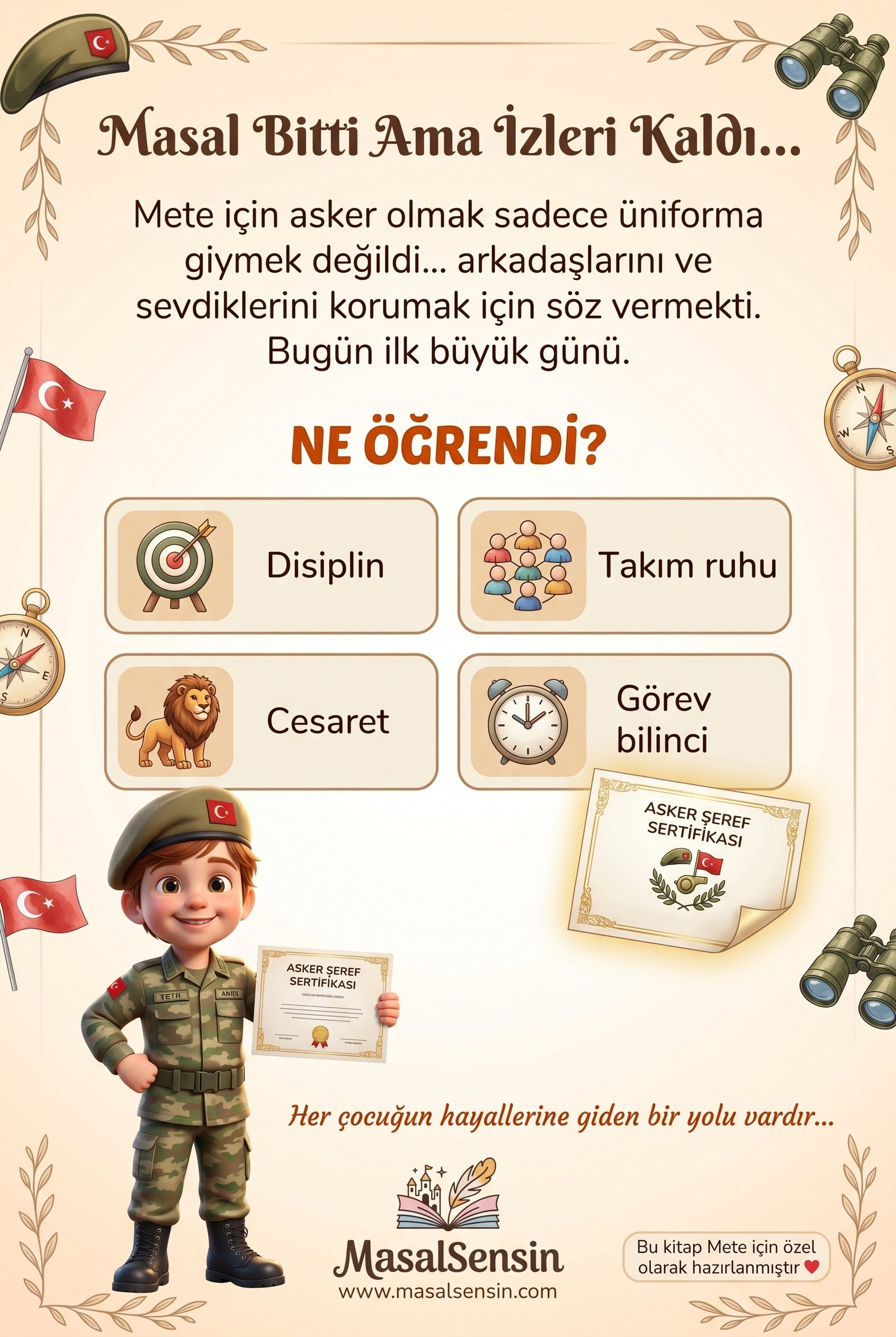 Mete'nin meslek hikayesi arka kapağı — çocuğa cesaret ve disiplin aşılayan yüksek çözünürlüklü özel mesaj alanı