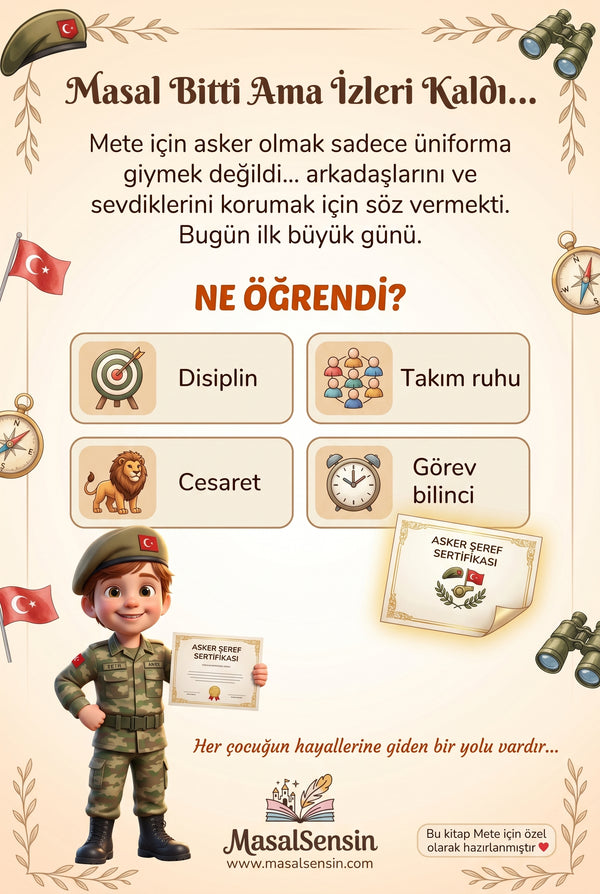 Mete'nin meslek hikayesi arka kapağı — çocuğa cesaret ve disiplin aşılayan yüksek çözünürlüklü özel mesaj alanı
