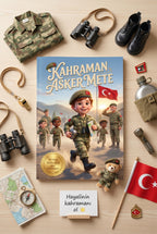 Ahşap masa üzerinde duran Kahraman Asker Mete kişiselleştirilmiş çocuk kitabı ve yanında dekoratif oyuncak asker figürleri