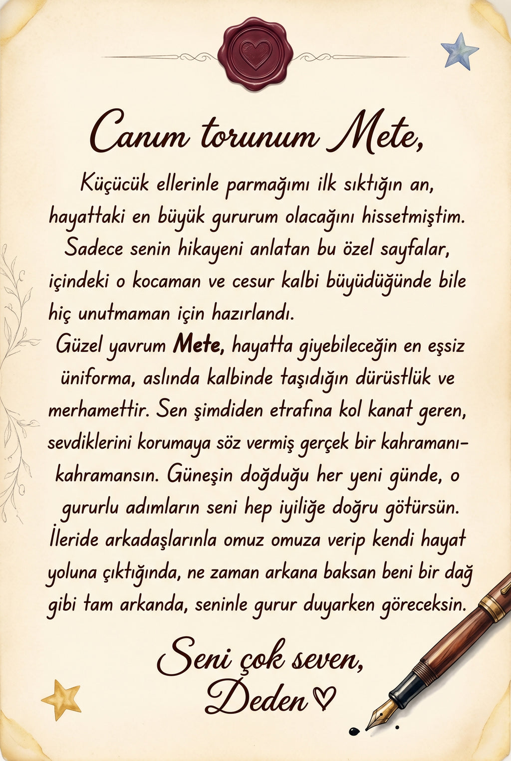 Kitabın ilk sayfasındaki kişiye özel sevgi notu bölümü — teyzeden yeğene doğum günü hediyesi ithaf yazısı
