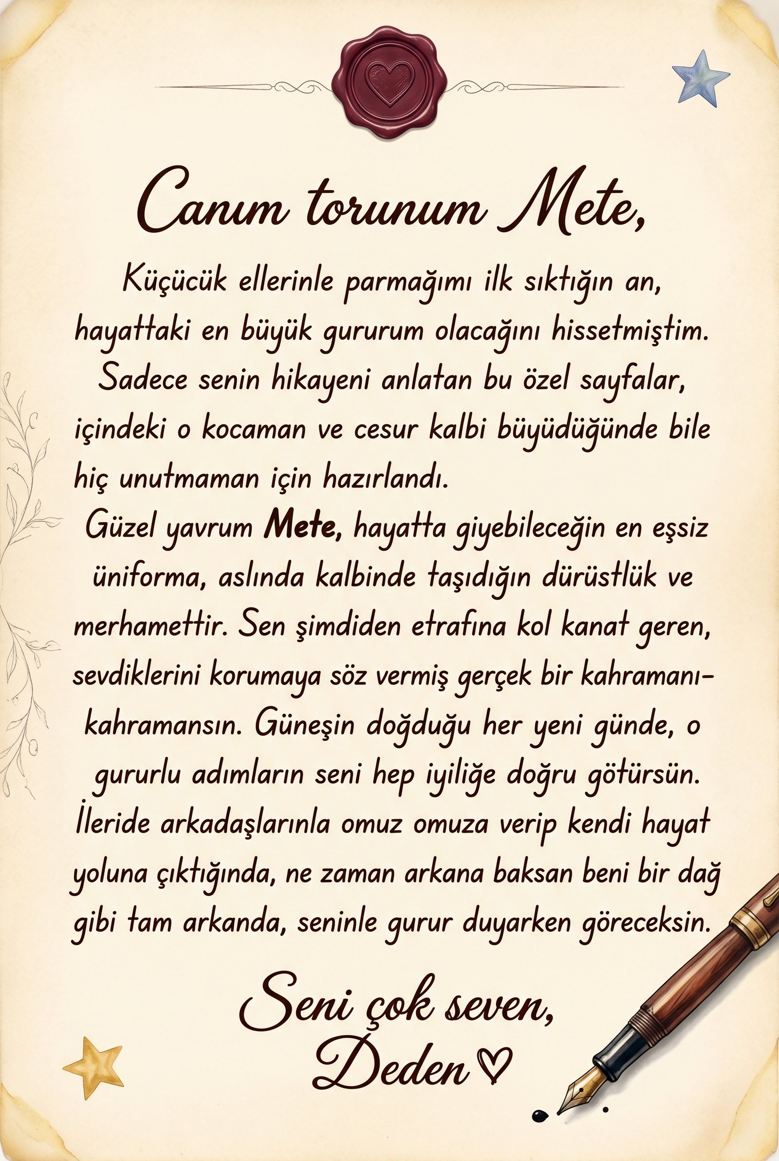 Kitabın ilk sayfasındaki kişiye özel sevgi notu bölümü — teyzeden yeğene doğum günü hediyesi ithaf yazısı