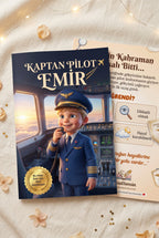 Kaptan Pilot Emir kişiye özel çocuk kitabı ön ve arka kapak tasarımı birlikte — A4 yumuşak kapak
