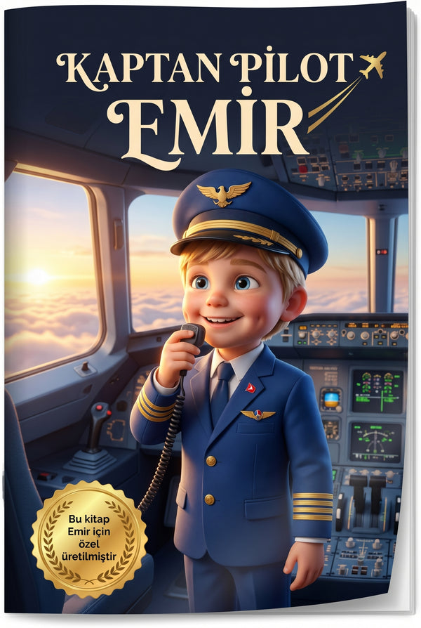 Kaptan Pilot Emir kişiye özel meslek hikayeleri çocuk kitabı ön kapağı, Pixar kalitesinde illüstrasyon