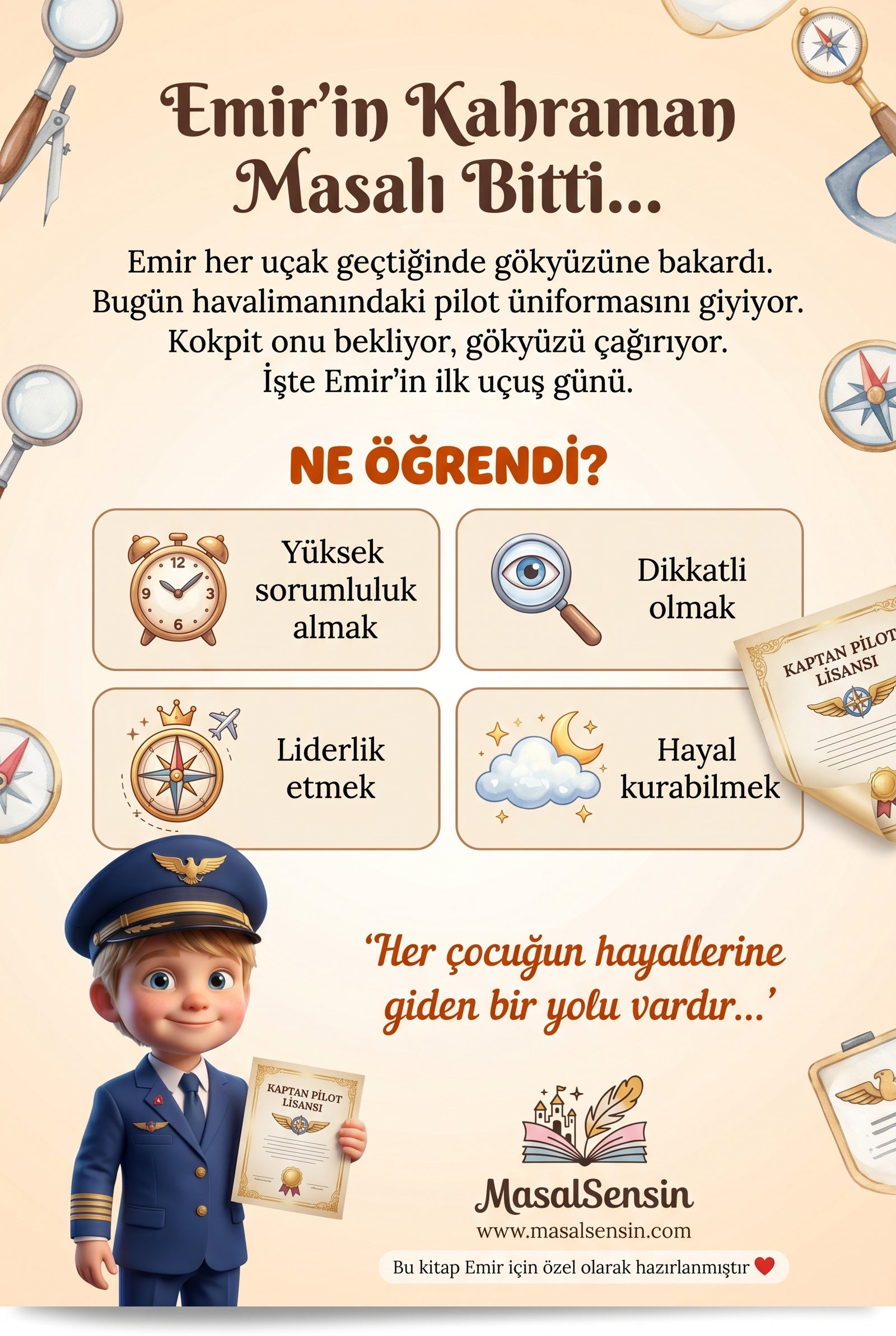 Kaptan Pilot Emir kitabının arka kapağı — sorumluluk alma ve liderlik kazanımları detayları