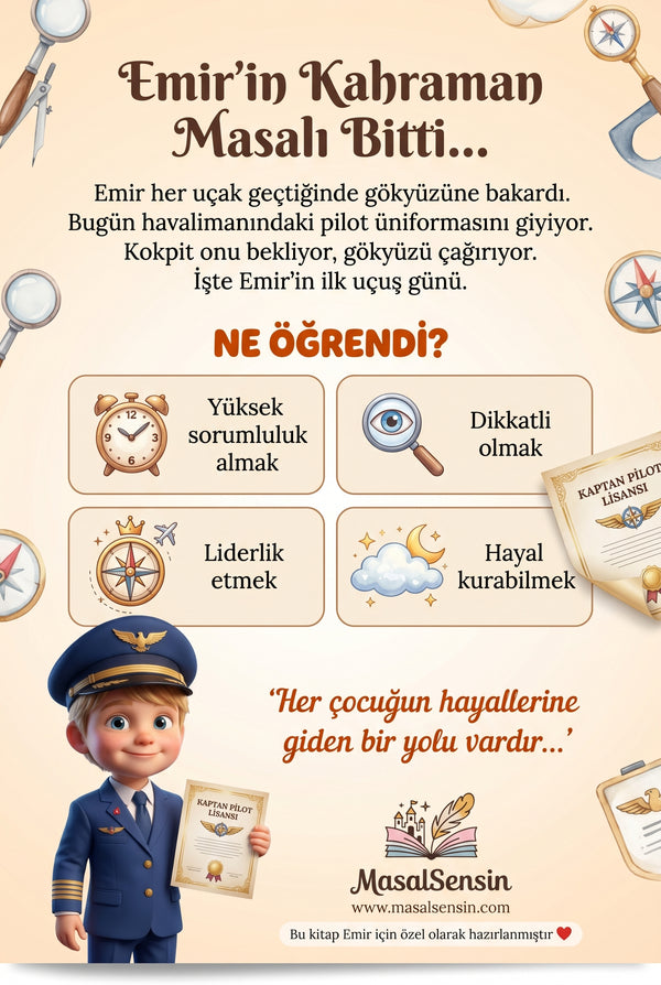 Kaptan Pilot Emir kitabının arka kapağı — sorumluluk alma ve liderlik kazanımları detayları