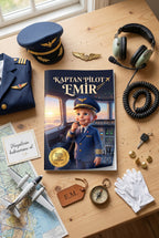 Ahşap masada açık duran Kaptan Pilot Emir isimli çocuk kitabı — kokpit detaylı iç sayfalar