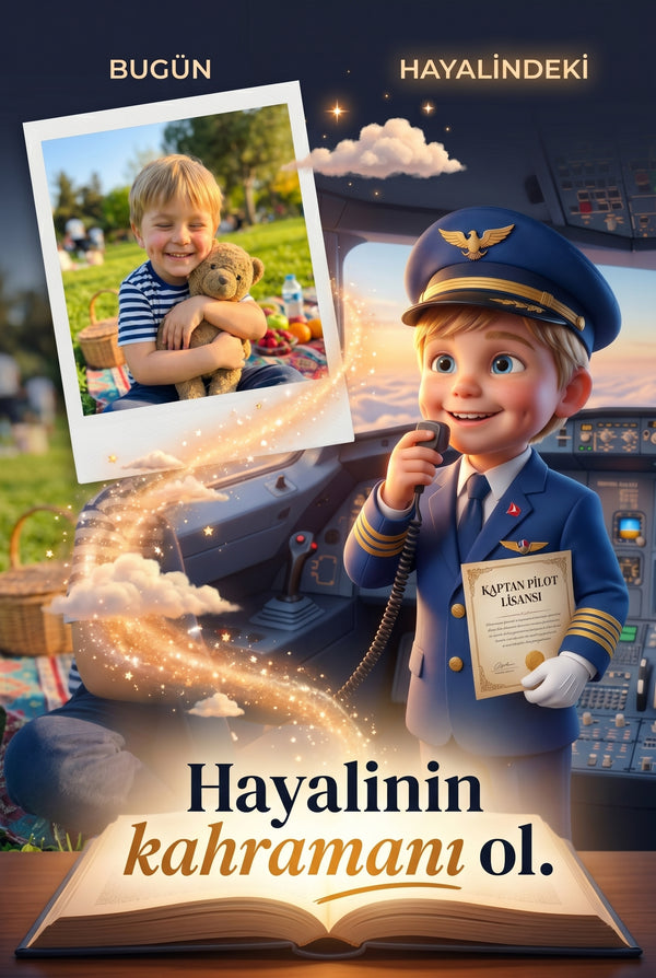 Emir'in yüklenen fotoğrafından kişiselleştirilmiş 3D pilot kahramanına dönüşüm illüstrasyonu