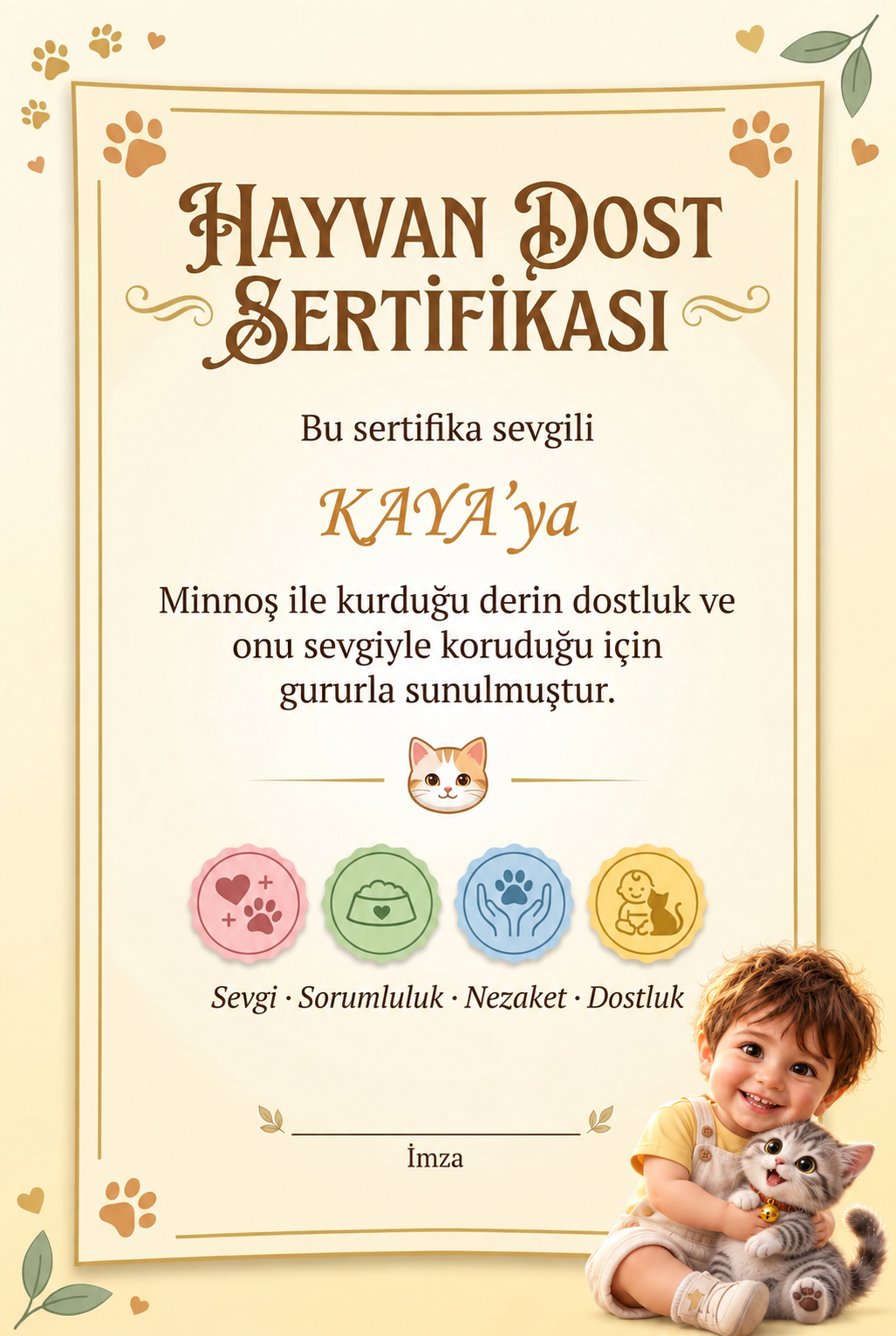 Kaya ve Minnoş kişiye özel Hayvan Dost Sertifikası