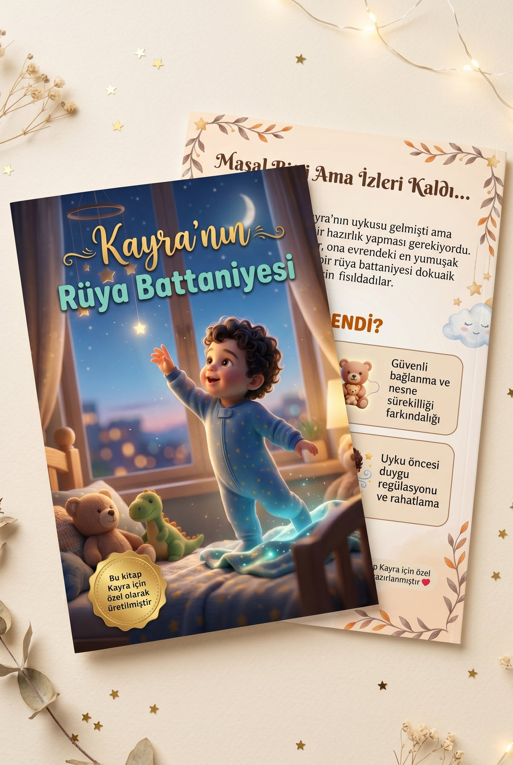 Kayra'nın kişiye özel kitabı ön ve arka kapak birlikte yan yana — magazine format yüksek kaliteli baskı görünümü