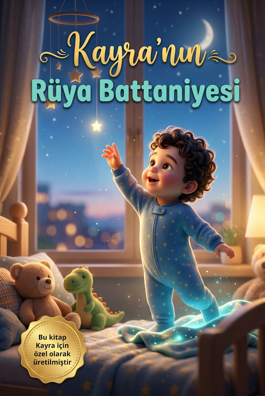 Kayra'nın Rüya Battaniyesi kişiye özel çocuk kitabı ön kapağı, yıldızlı gece ve huzurlu Pixar 3D illüstrasyon