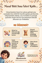 Kayra isimli uyku kitabının arka kapağı — duygu regülasyonu ve güvenli bağlanma kazanımlarını anlatan metin