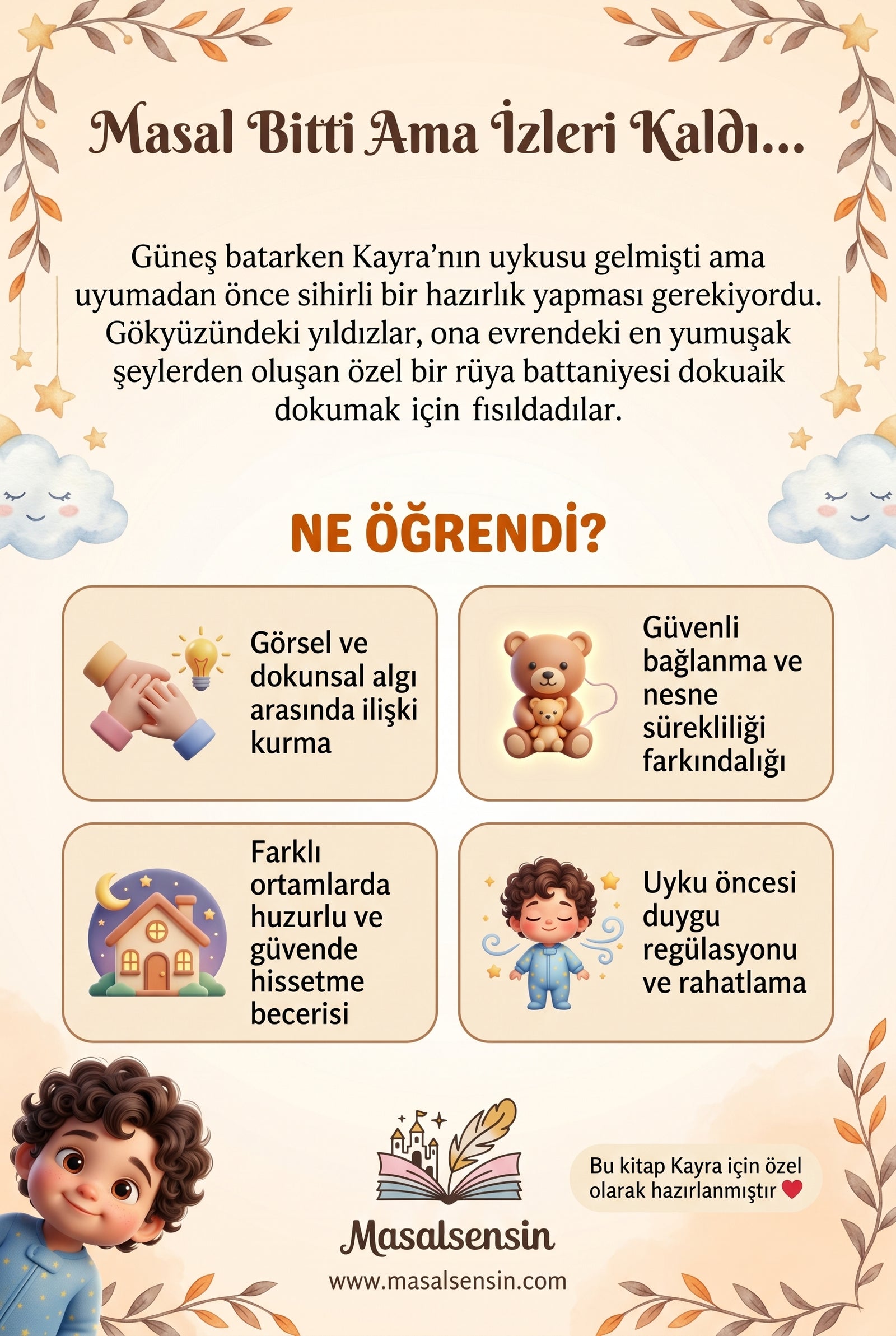 Kayra isimli uyku kitabının arka kapağı — duygu regülasyonu ve güvenli bağlanma kazanımlarını anlatan metin