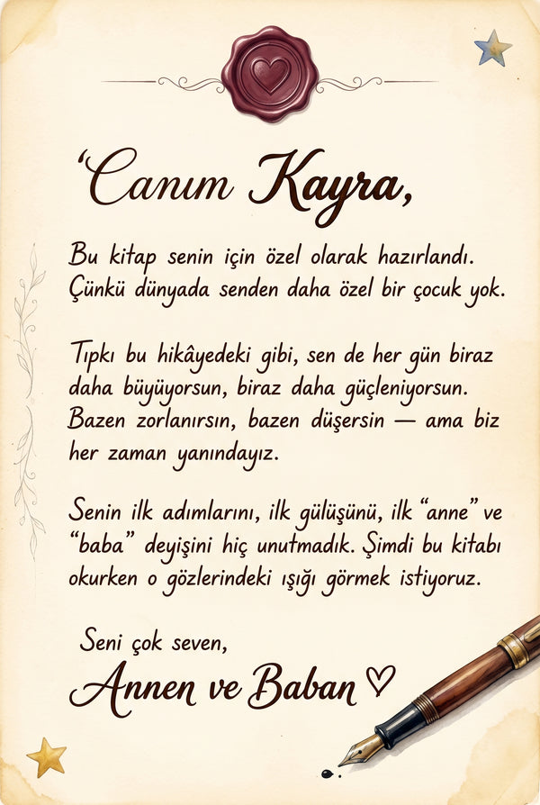 Kitabın ilk sayfasında teyzesinden Kayra'ya yazılmış sevgi dolu kişiye özel doğum günü hediye notu