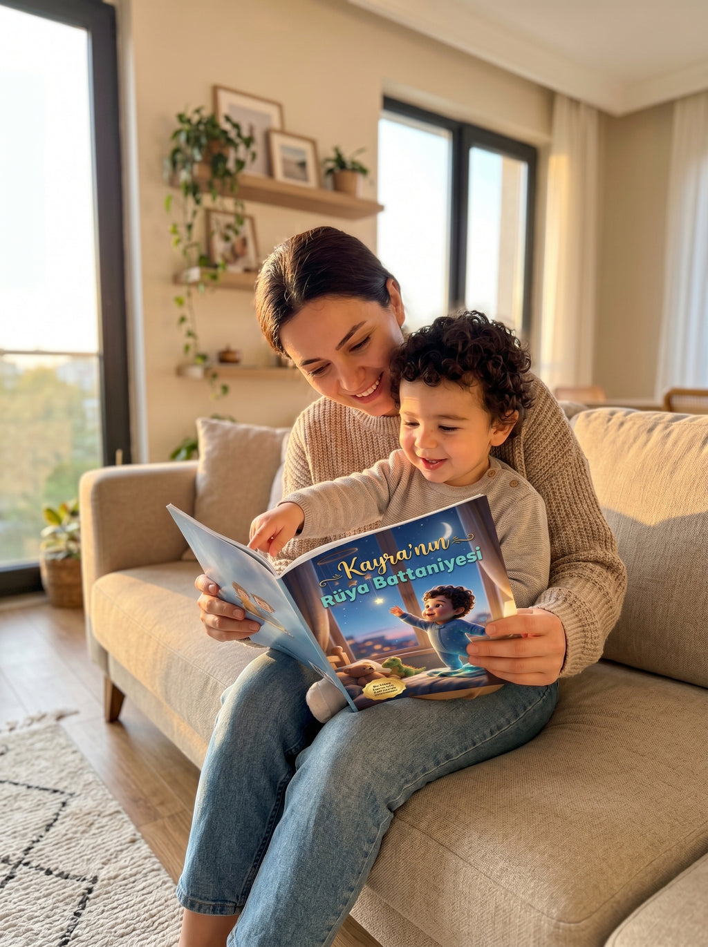 1 yaşındaki Kayra uyumadan önce yatağında kendi adının yazılı olduğu masalı okurken — huzurlu bedtime reading anı