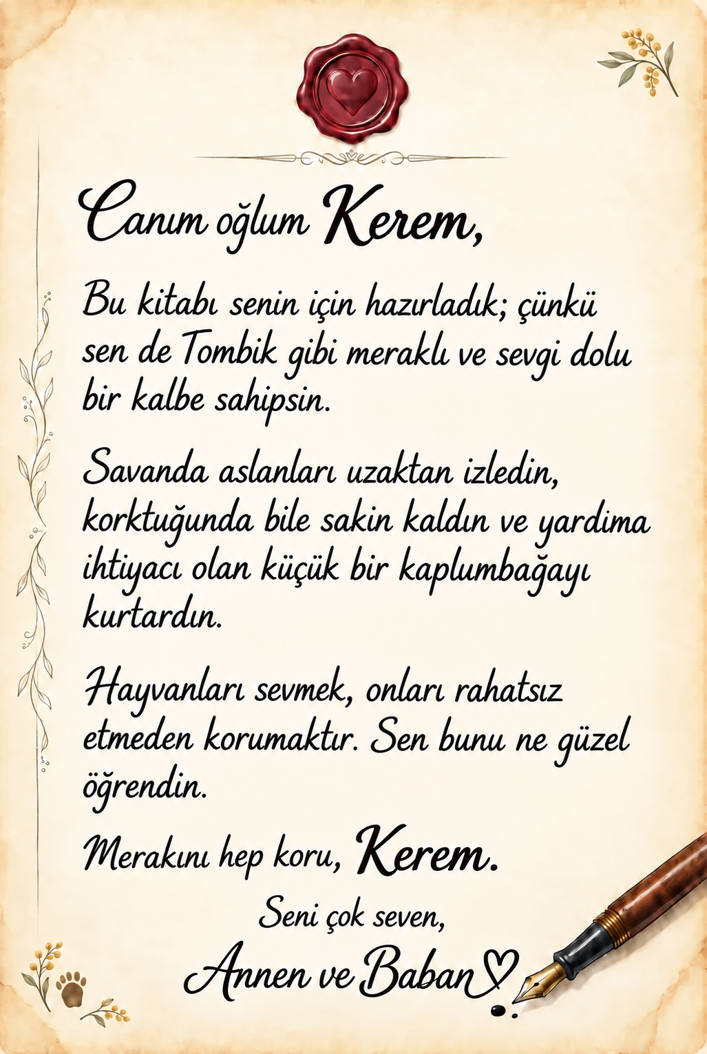 Kişiye özel safari kitabının ilk sayfasındaki aileden çocuğa sevgi notu
