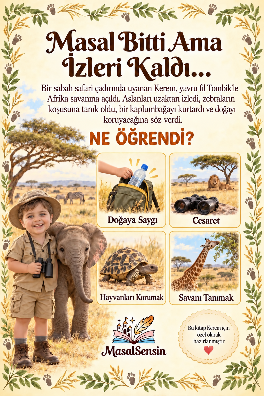 Safari kitabının arka kapağı: Masal Bitti Ama İzleri Kaldı ve kazanımlar