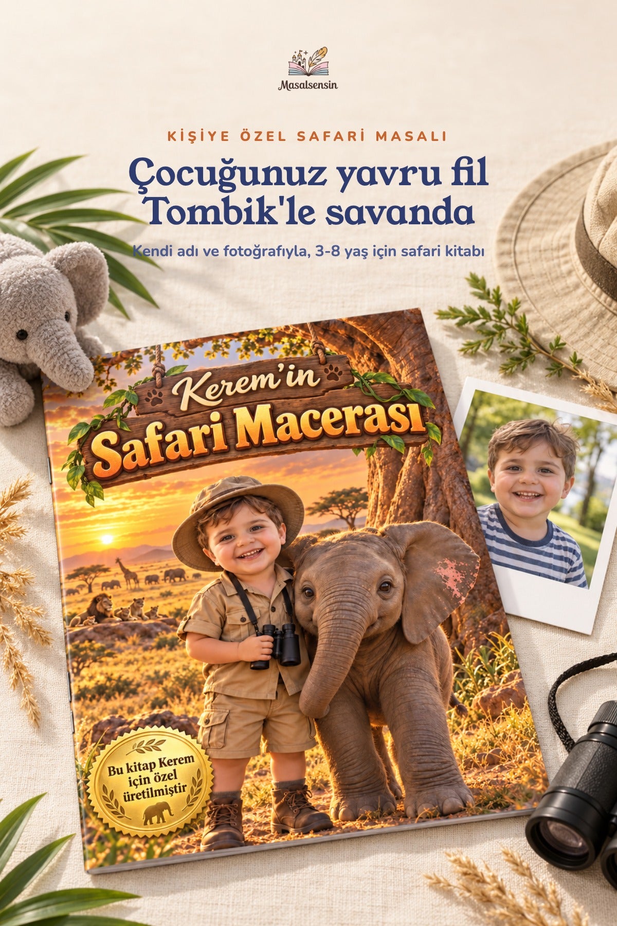 İnce yumuşak kapaklı kişiye özel safari kitabı, çocuğun gerçek fotoğrafı ve oyuncak fil ile