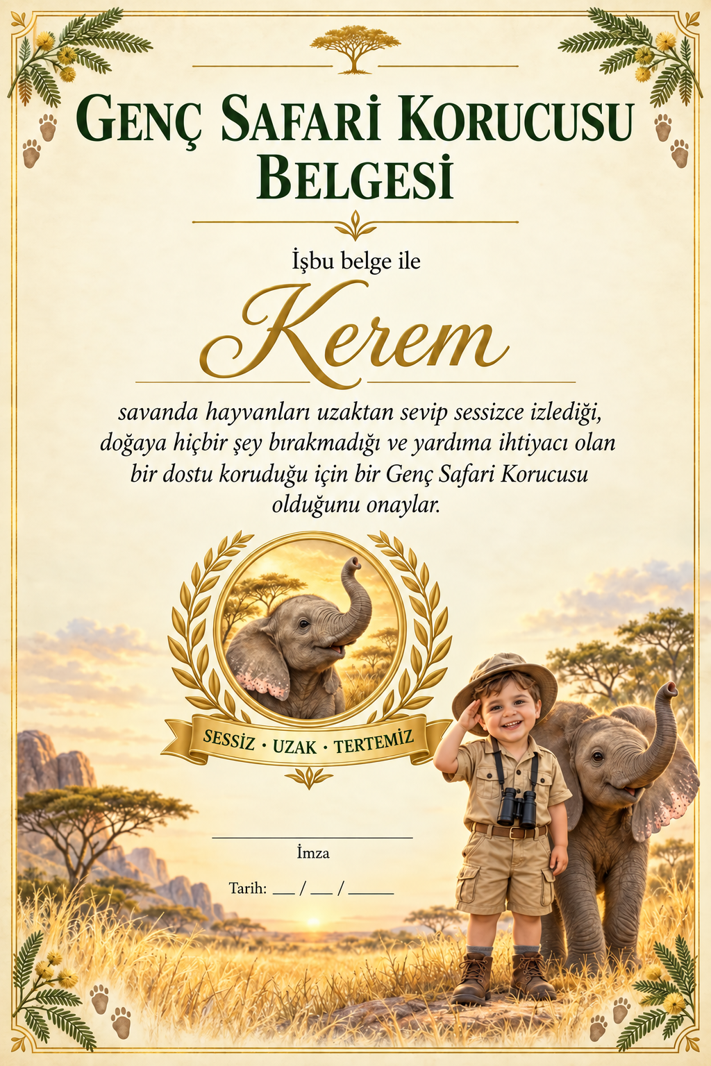 Kitabın sonunda çocuğun adına Genç Safari Korucusu Belgesi