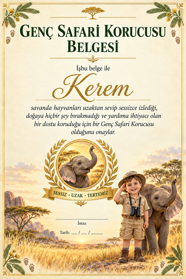Kitabın sonunda çocuğun adına Genç Safari Korucusu Belgesi