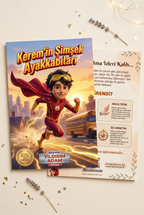 Kişiye özel Kerem'in Şimşek Ayakkabıları kitabının ön ve arka kapakları yan yana, A4 boyutunda gösteriliyor.