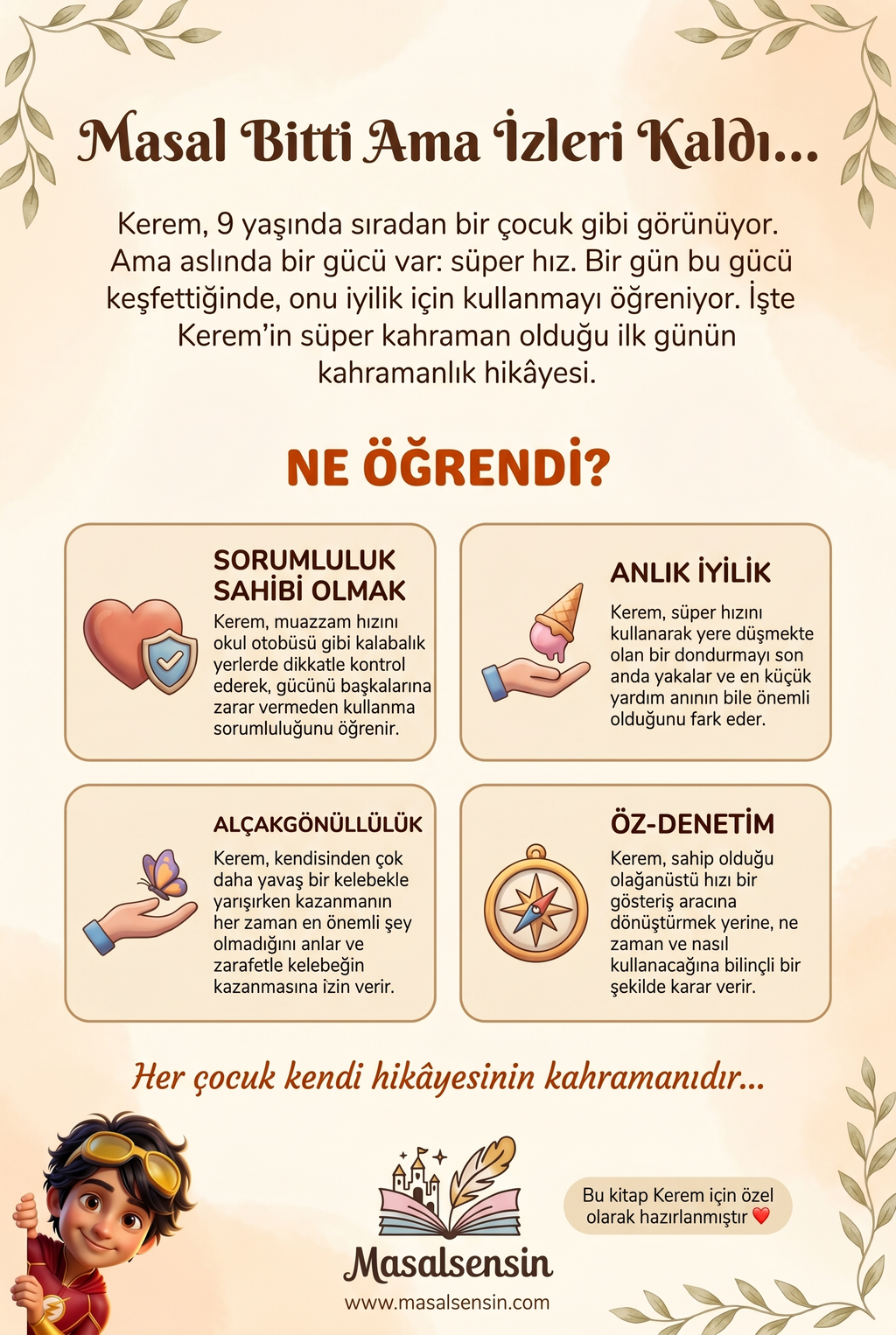 Kerem isimli süper kahraman kitabının arka kapağı, hikaye özeti ve MasalSensin logosu.