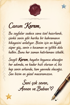 Kitabın ilk sayfasında 'Sevgili Kerem'e...' diye başlayan kişiye özel hediye notu alanı.