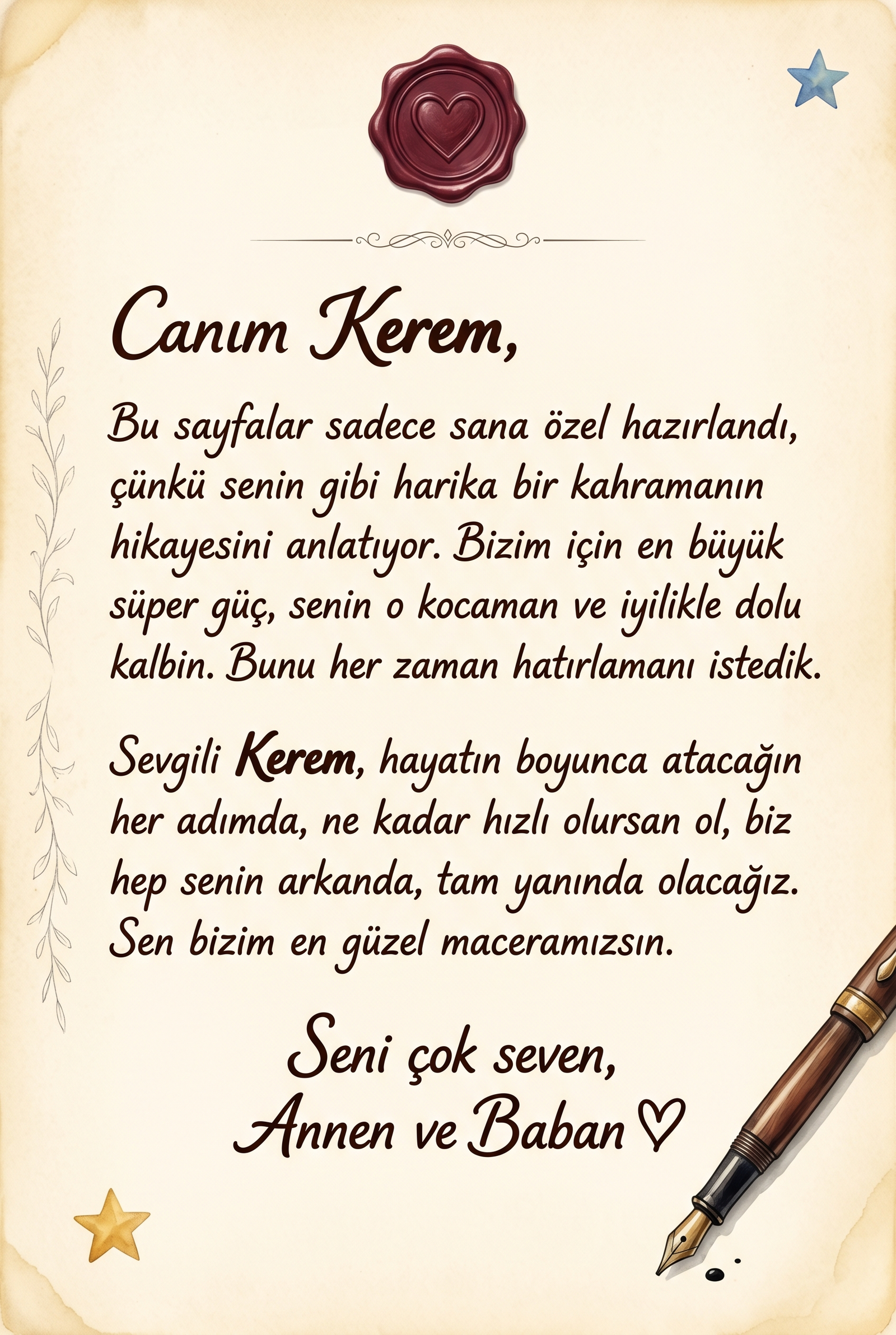 Kitabın ilk sayfasında 'Sevgili Kerem'e...' diye başlayan kişiye özel hediye notu alanı.