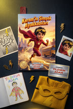 Kerem'in Şimşek Ayakkabıları kitabı, yanında kahraman pelerini ve maskesiyle birlikte düz bir zeminde sergileniyor.