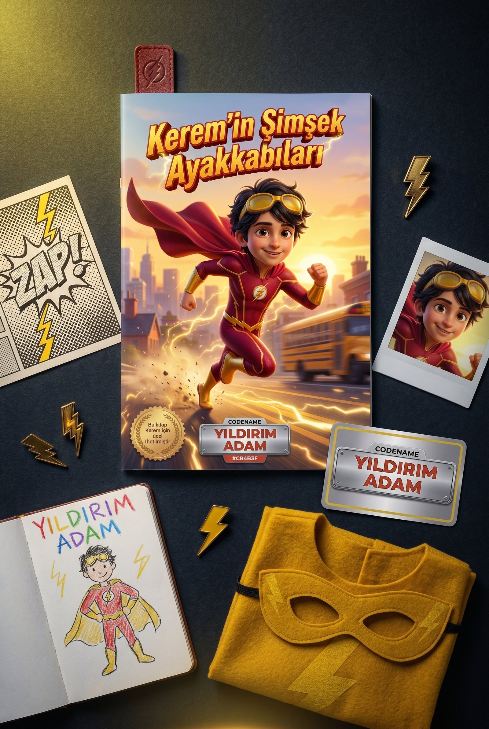 Kerem'in Şimşek Ayakkabıları kitabı, yanında kahraman pelerini ve maskesiyle birlikte düz bir zeminde sergileniyor.