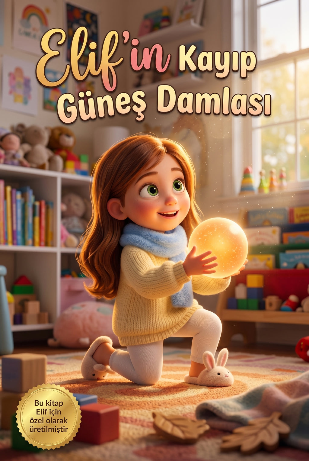 Elif'in Kayıp Güneş Damlası isme özel çocuk kitabı ön kapağı, Pixar 3D stili illüstrasyon