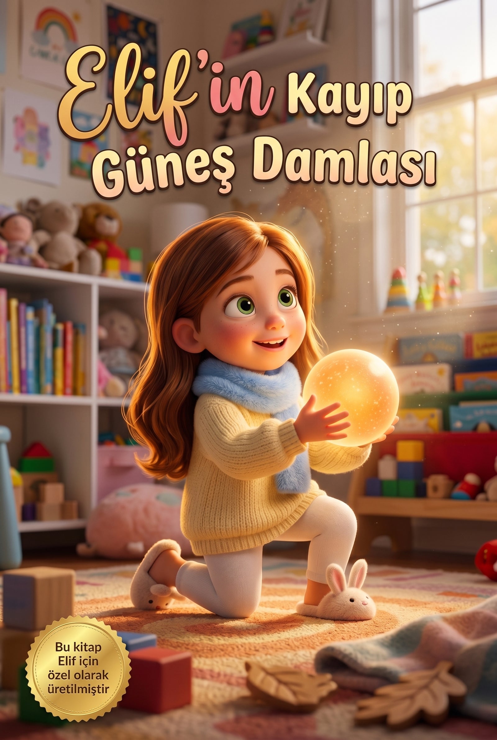 Elif'in Kayıp Güneş Damlası isme özel çocuk kitabı ön kapağı, Pixar 3D stili illüstrasyon